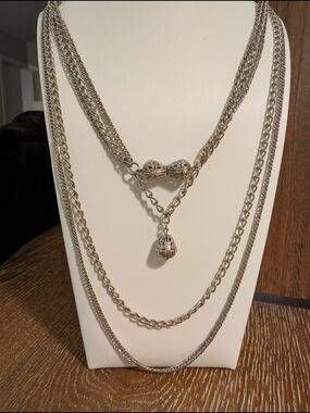 Vintage Layered Silver-Tone Multi Chain Pendant Necklace